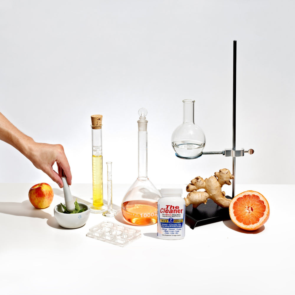 Picture of laboratory equipment and natural ingredients for The Cleaner Detox 